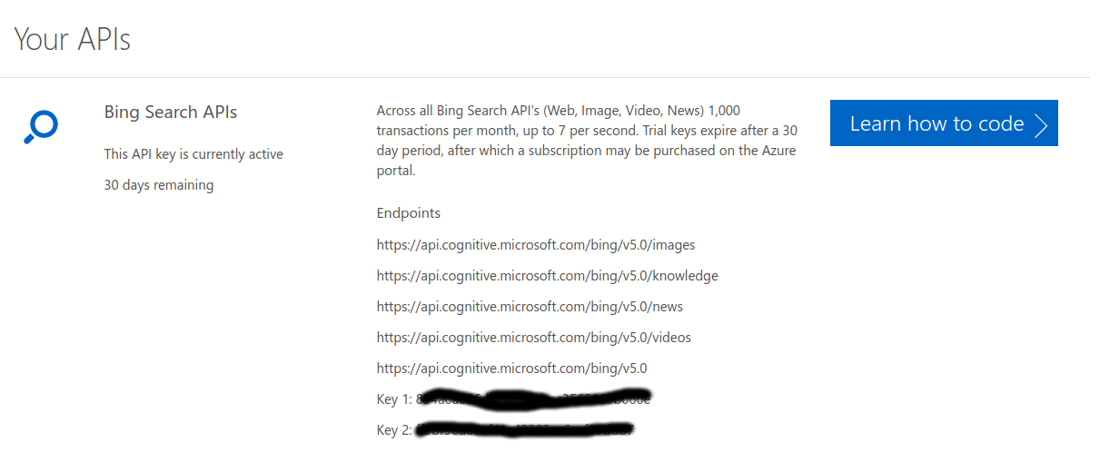 Bing Search APIs Key